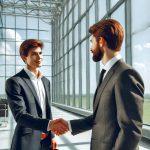 A business development professional shaking hands with a client in a modern corporate office. Large windows, natural lighting, professional attire, co (1)